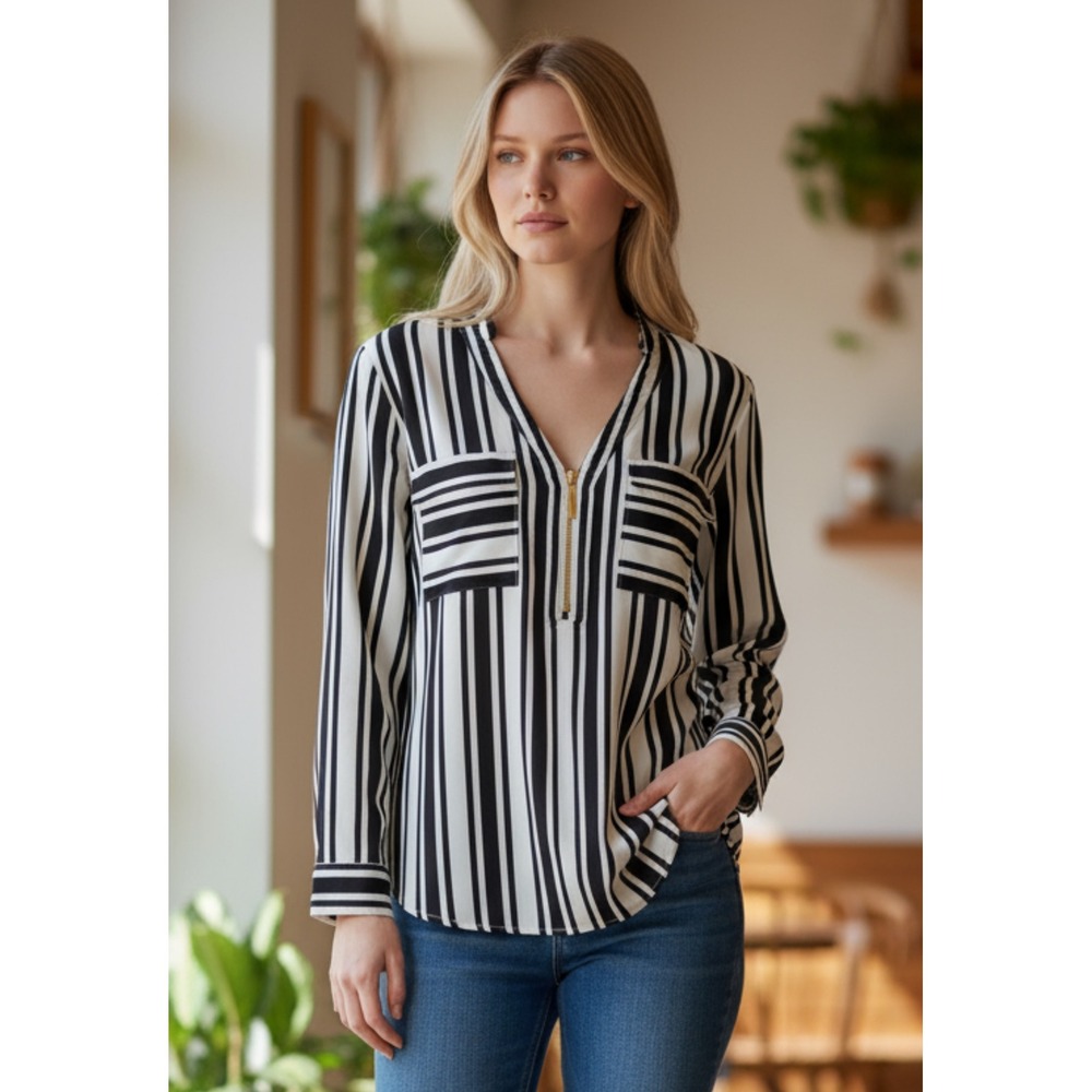 EXPRESS Black White Stripe Zipper V Neck Long Sleeve Blouse Women's Small